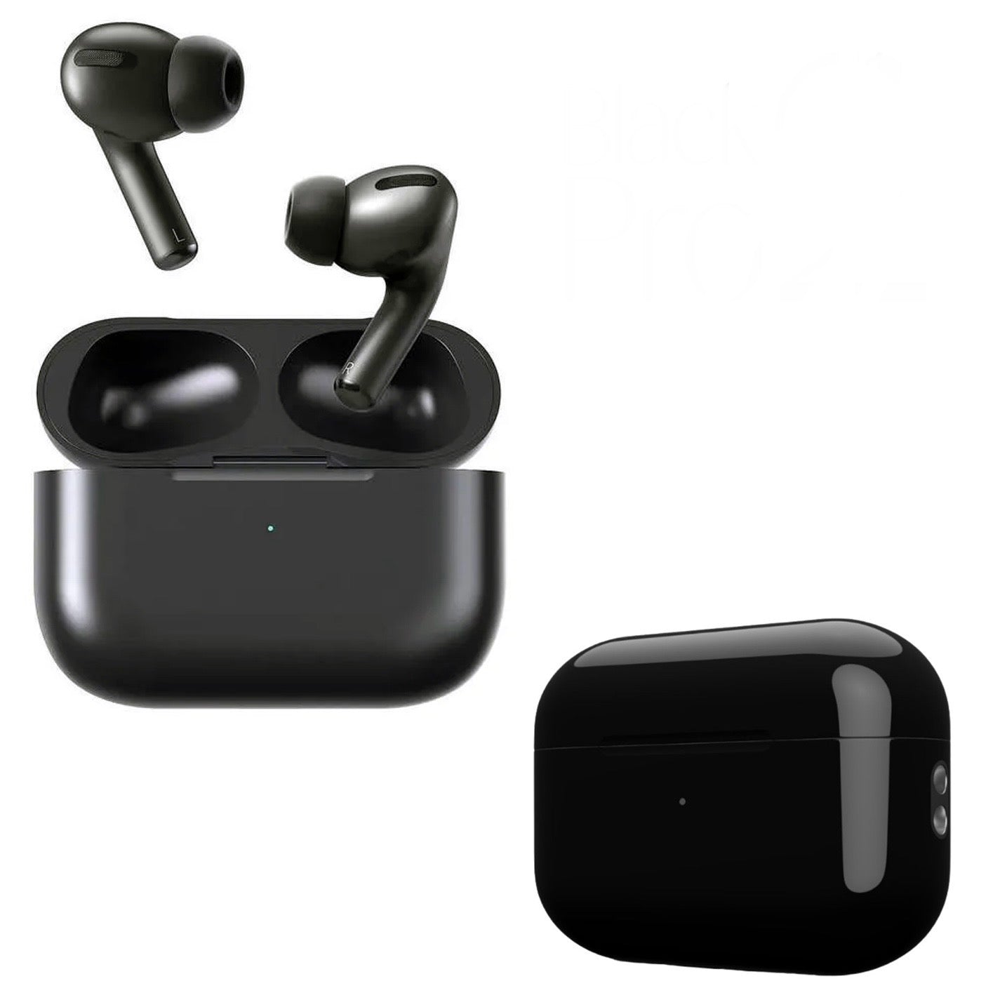 Black wireless earbuds with charging case on a white background