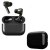 Black wireless earbuds with charging case on a white background