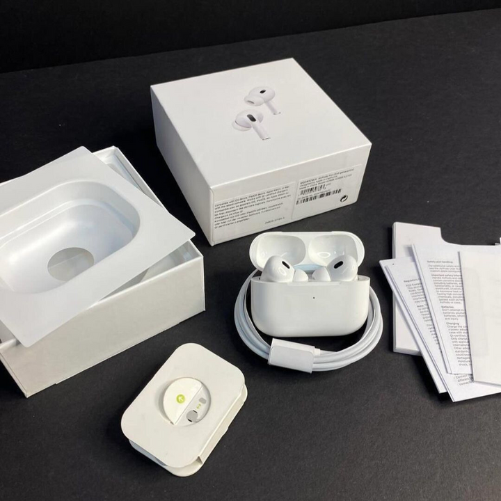 Airpods Pro 2nd Gen ANC Master copy with packaging, charging case, cable, and user manuals displayed on a black surface.