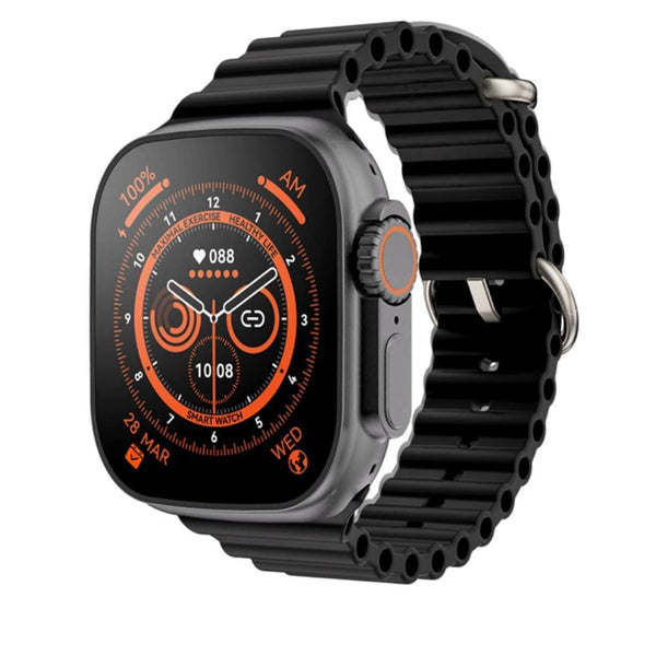 UniWatch T800 Ultra smartwatch with black strap and 2.05-inch HD display featuring health and fitness tracking dials.