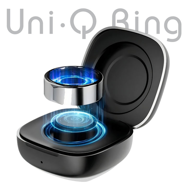 Uni Q-Ring wireless smart ring with stainless steel case displayed in a futuristic charging dock with glowing blue light.